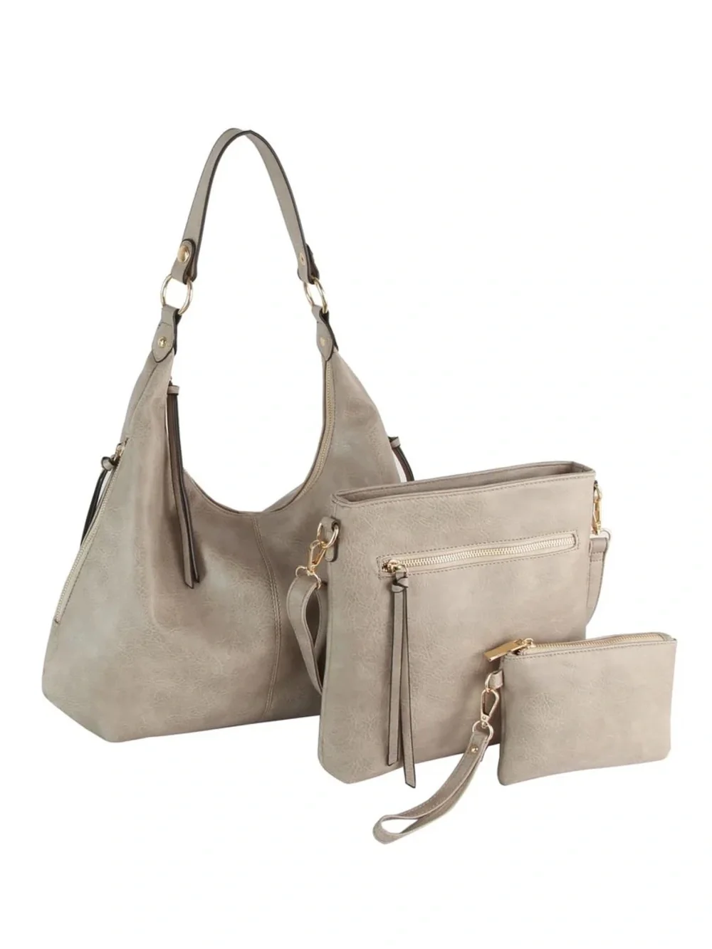 Taupe 3-Piece Women's Handbag Set - Shoulder Bag, Crossbody, Wristlet